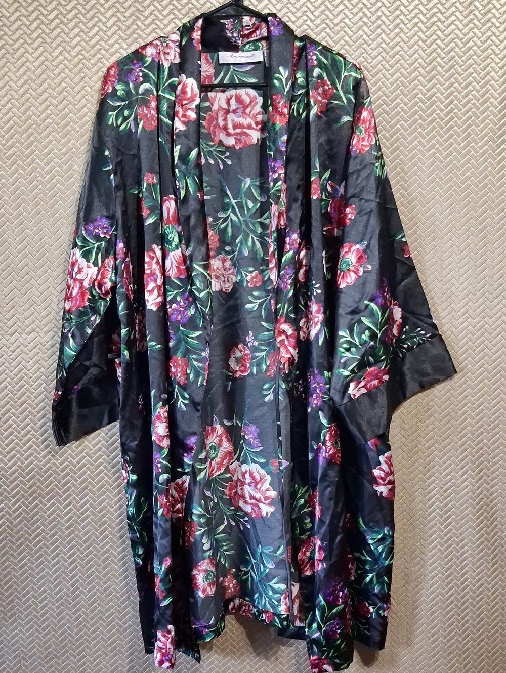 Black Floral Satin Duster Kimono